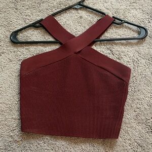 Babaton Red Sculpt Knit Criss Cross Crop Top